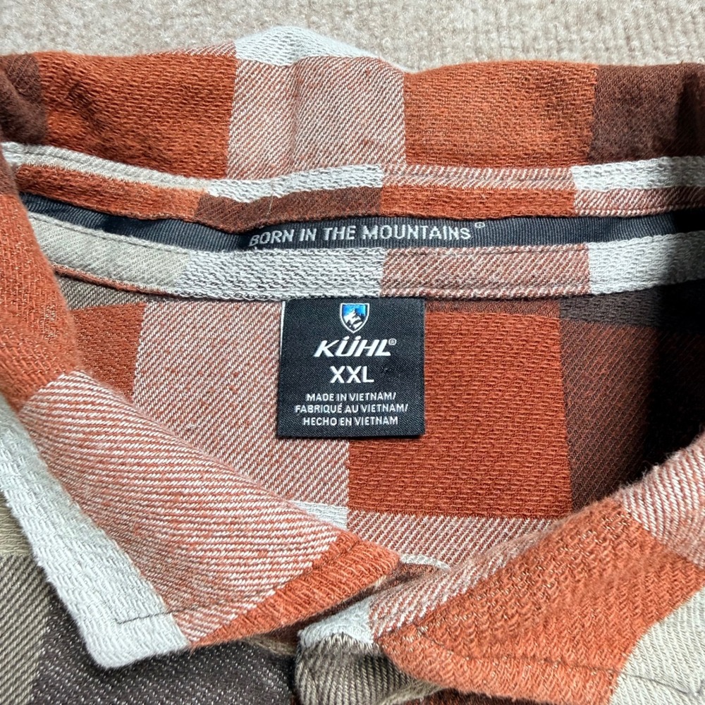 Kuhl Mens XXL Plaid Flannel Button Down Shirt Orange Brown Born In Mountains - Picture 4 of 10
